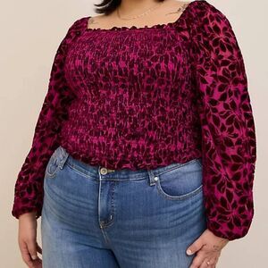 Torrid Plus Size 3X 22-24 Velvet Burnout Smocked Blouson Sleeve Top
